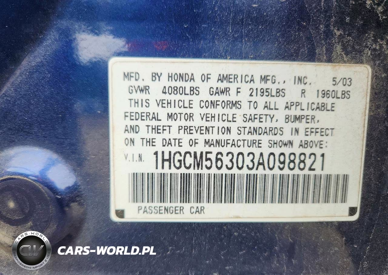 2003 Honda Accord Lx VIN:1HGCM56303A098821 - 13