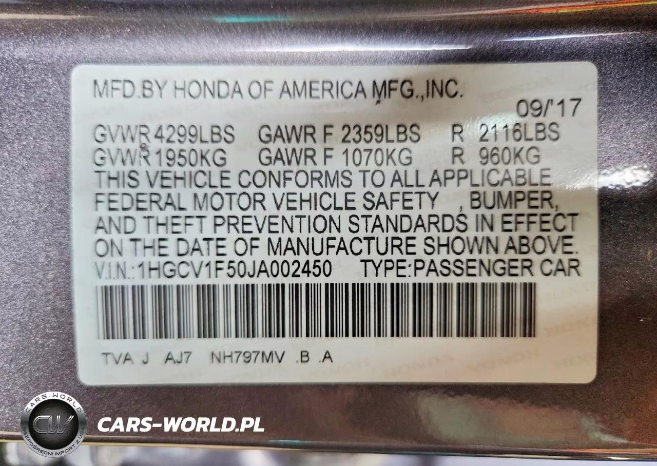 2018 Honda Accord Exl VIN:1HGCV1F50JA002450 - 12