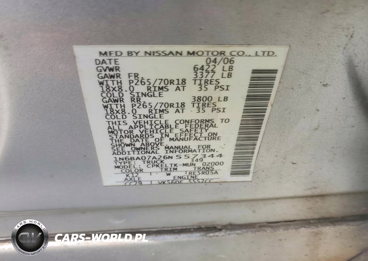 2006 Nissan Titan Xe Ffv VIN:1N6BA07A26N557344 - 12