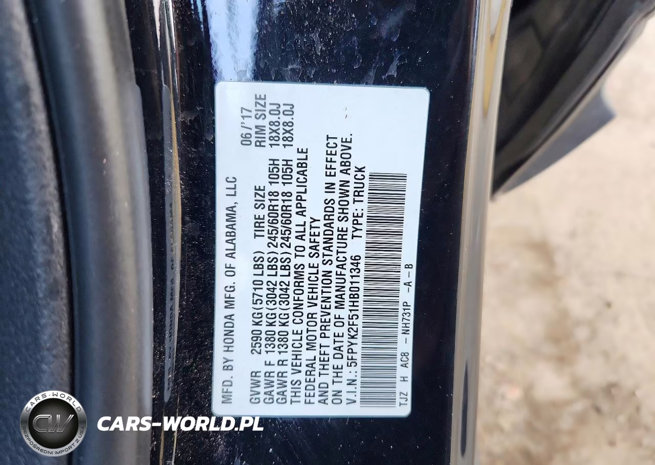 2017 Honda Ridgeline Rtl VIN:5FPYK2F51HB011346 - 12