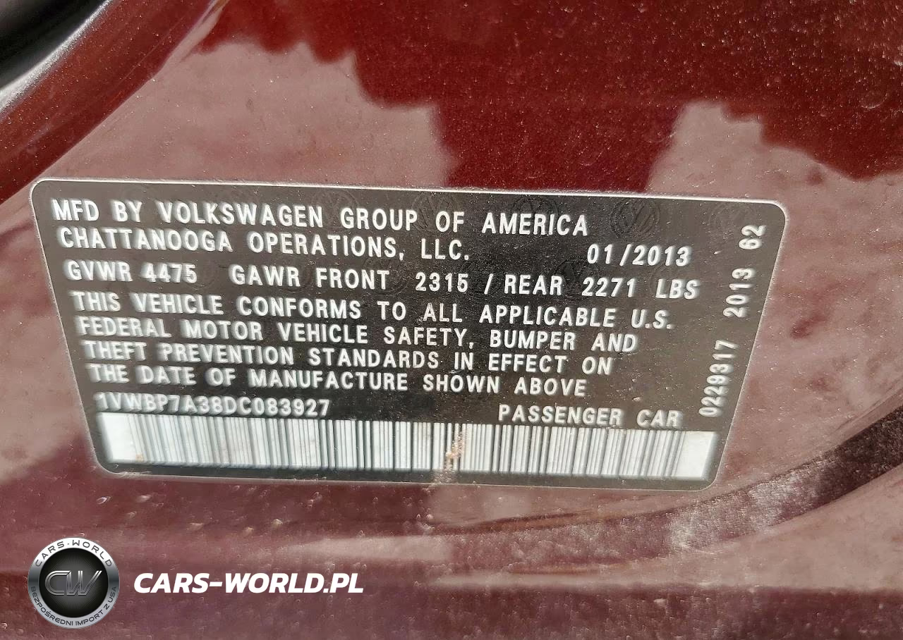 2013 Volkswagen Passat Se VIN:1VWBP7A38DC083927 - 12