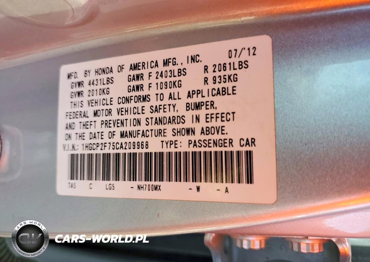 2012 Honda Accord Ex VIN:1HGCP2F75CA209968 - 13