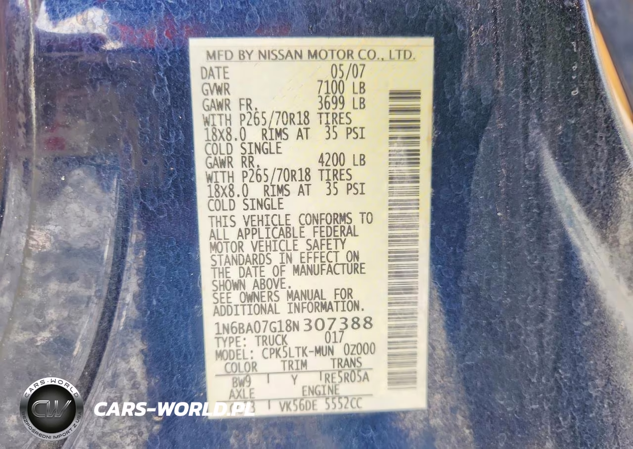2008 Nissan Titan Xe Ffv VIN:1N6BA07G18N307388 - 12