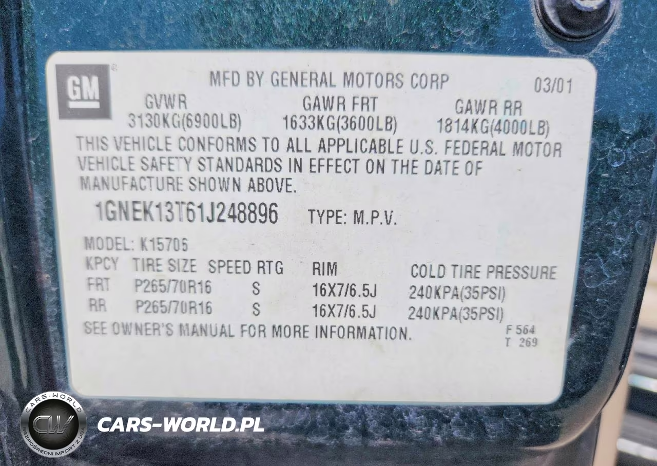 2001 Chevrolet Tahoe K1500 VIN:1GNEK13T61J248896 - 12