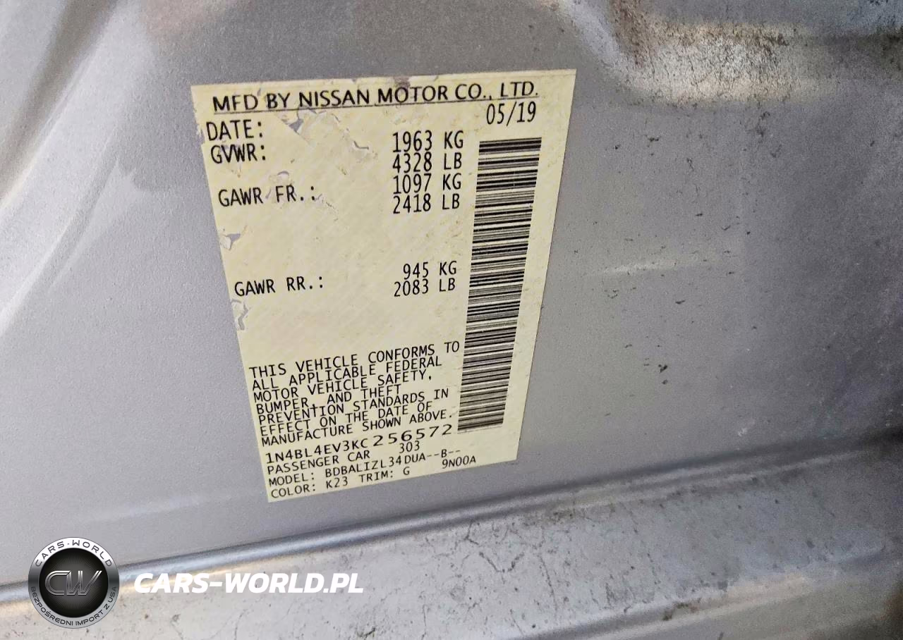 2019 Nissan Altima Sl VIN:1N4BL4EV3KC256572 - 12