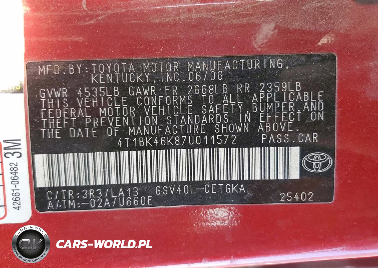 2007 Toyota Camry Xle V6 VIN:4T1BK46K87U011572 - 12