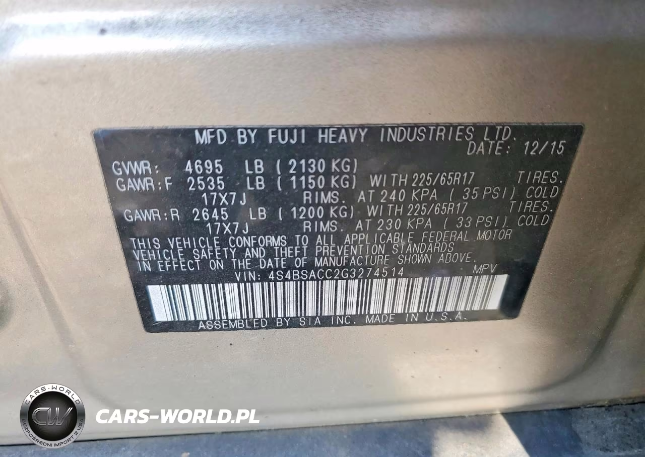 2016 Subaru Outback 2.5I Premium VIN:4S4BSACC2G3274514 - 13