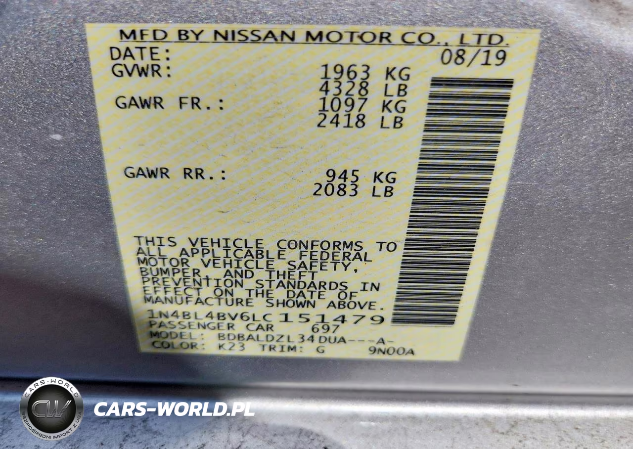 2020 Nissan Altima S VIN:1N4BL4BV6LC151479 - 12