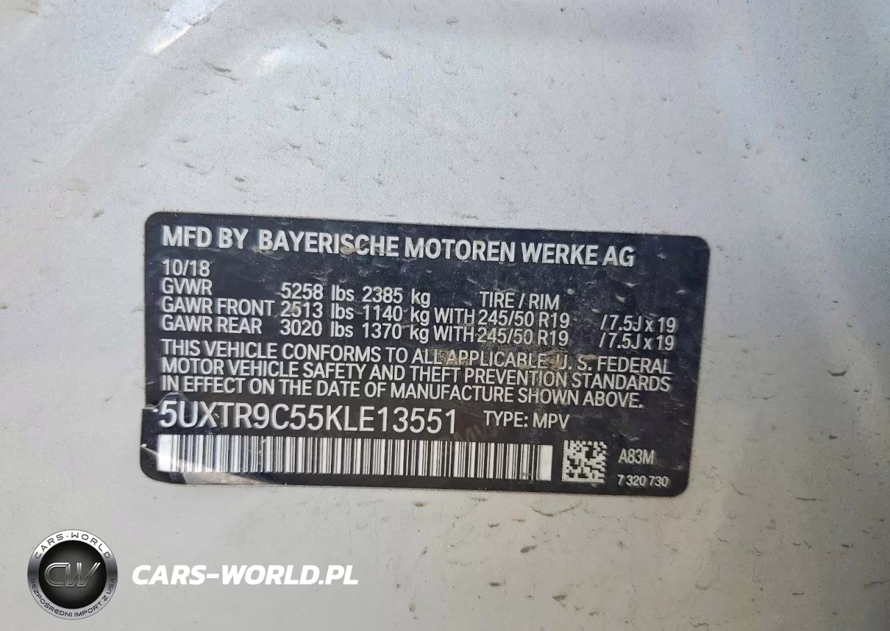 2019 BMW X3 xDrive30I VIN:5UXTR9C55KLE13551 - 13