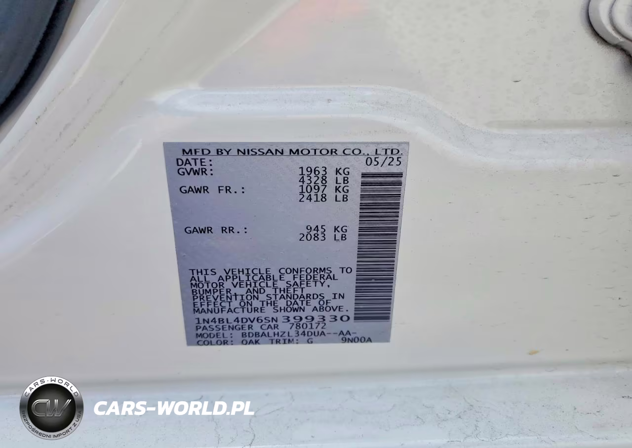 2025 Nissan Altima Sv VIN:1N4BL4DV6SN399330 - 12