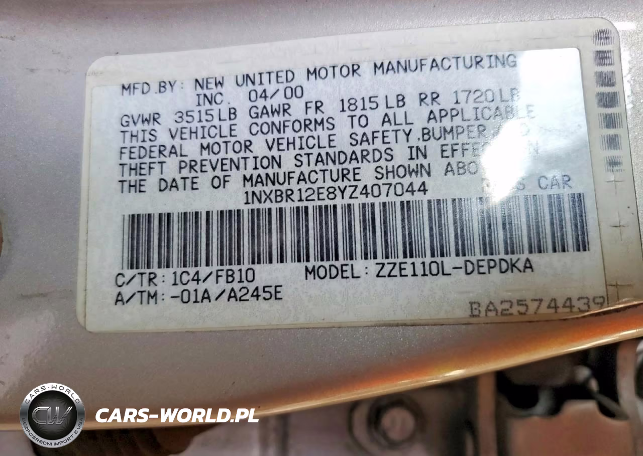 2000 Toyota Corolla Ve VIN:1NXBR12E8YZ407044 - 13