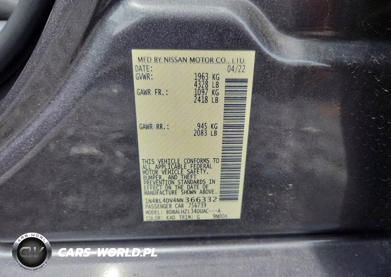 2022 Nissan Altima Sv VIN:1N4BL4DV4NN366332 - 12