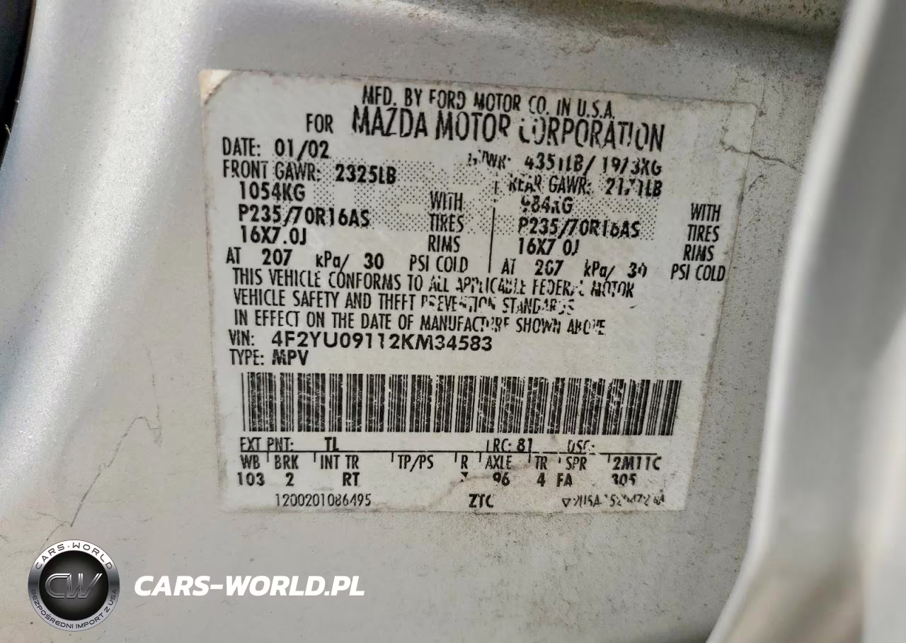 2002 Mazda Tribute Lx VIN:4F2YU09112KM34583 - 13