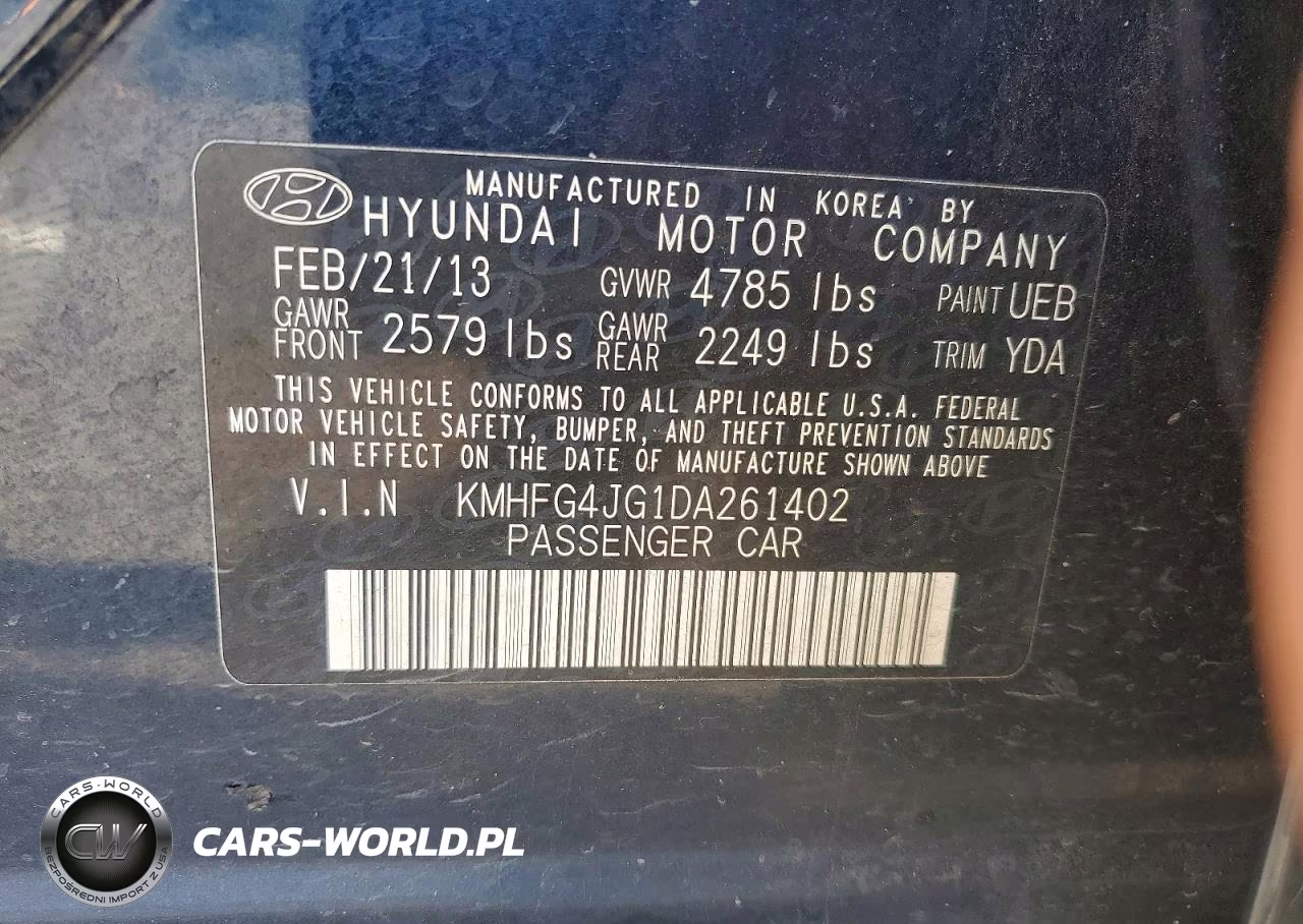 2013 Hyundai Azera Base VIN:KMHFG4JG1DA261402 - 12