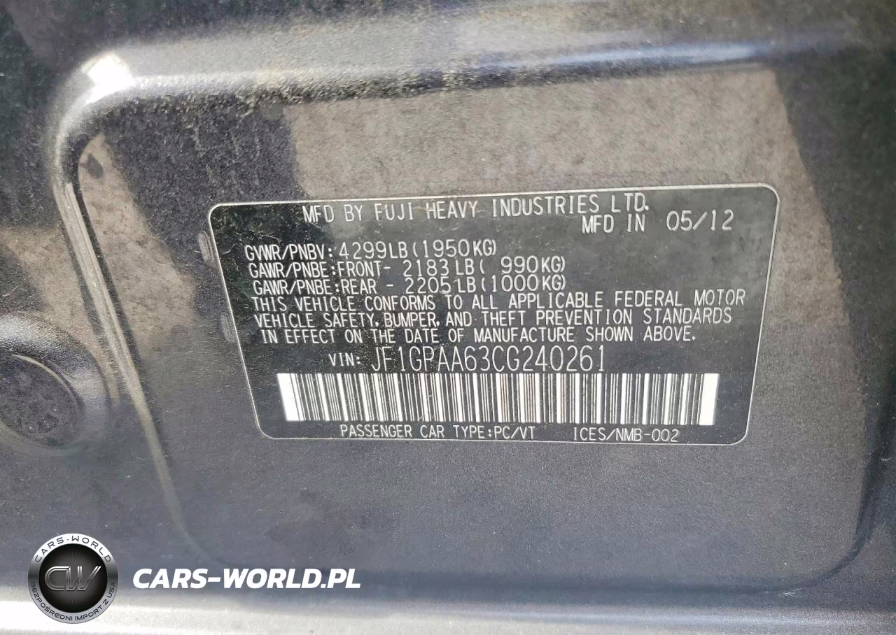2012 Subaru Impreza VIN:JF1GPAA63CG240261 - 12