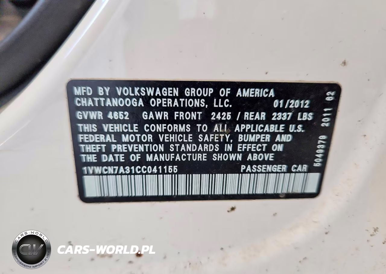 2012 Volkswagen Passat Sel VIN:1VWCN7A31CC041155 - 12