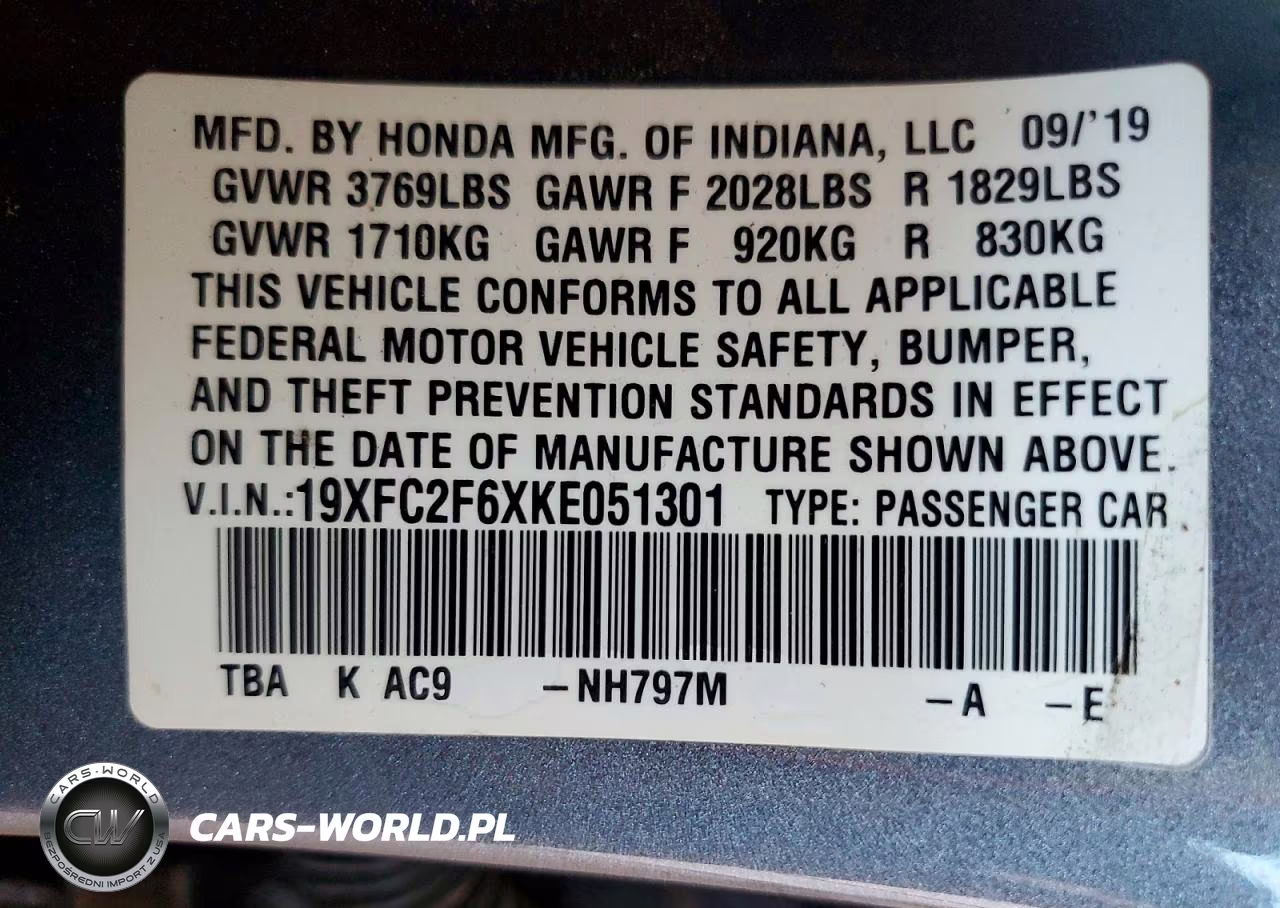 2019 Honda Civic Lx VIN:19XFC2F6XKE051301 - 12