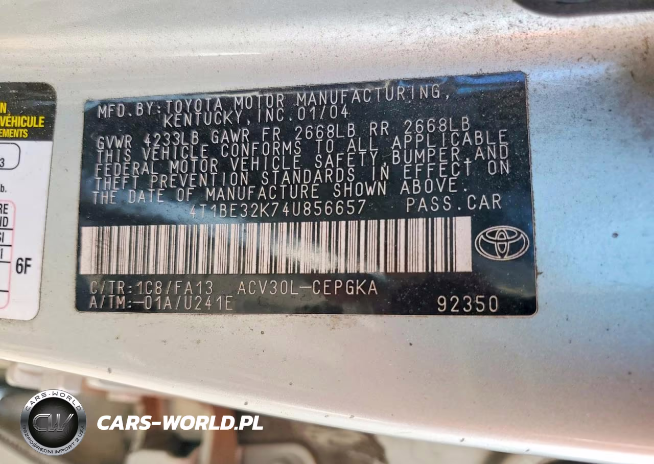 2004 Toyota Camry Xle VIN:4T1BE32K74U856657 - 12