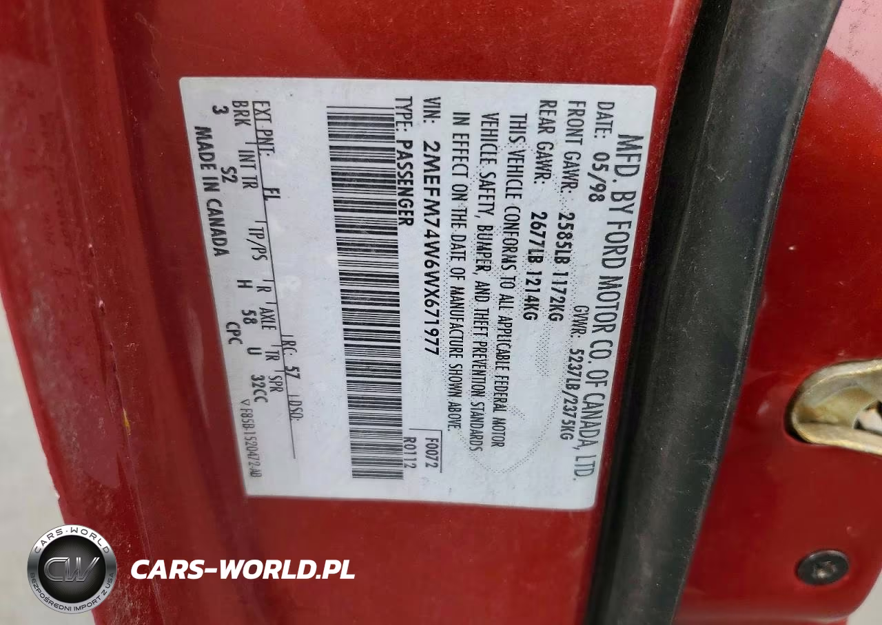 1998 Mercury Grand Marquis Gs VIN:2MEFM74W6WX671977 - 12