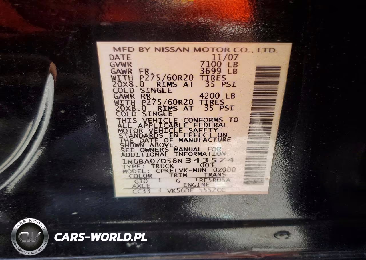 2008 Nissan Titan Xe Ffv VIN:1N6BA07D58N343574 - 12