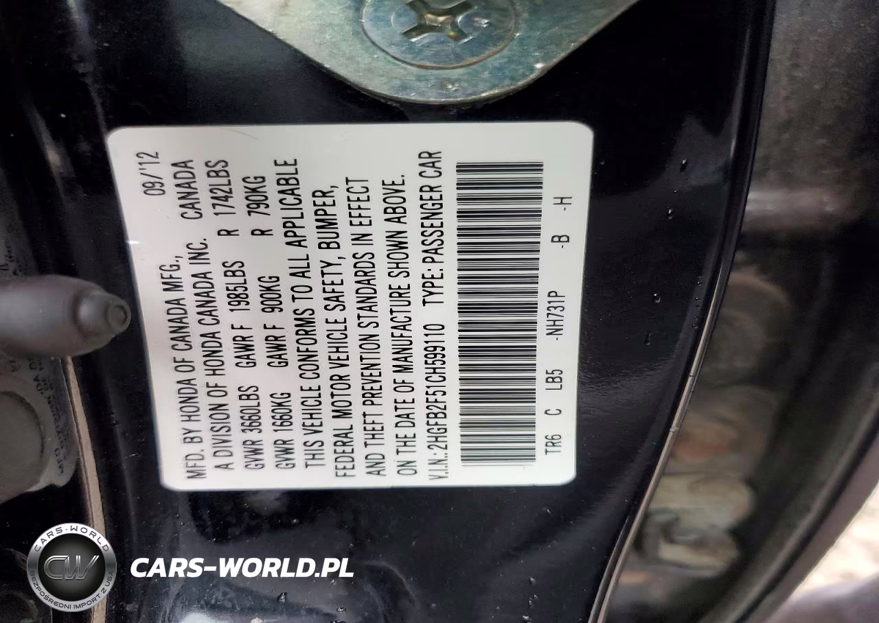 2012 Honda Civic Lx VIN:2HGFB2F51CH599110 - 12