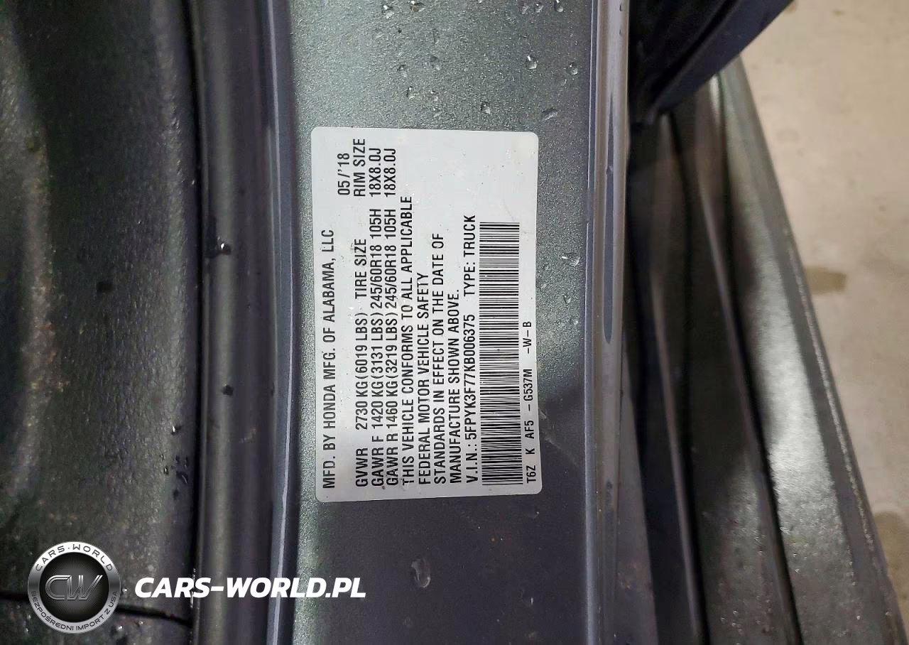 2019 Honda Ridgeline Rtl VIN:5FPYK3F77KB006375 - 12