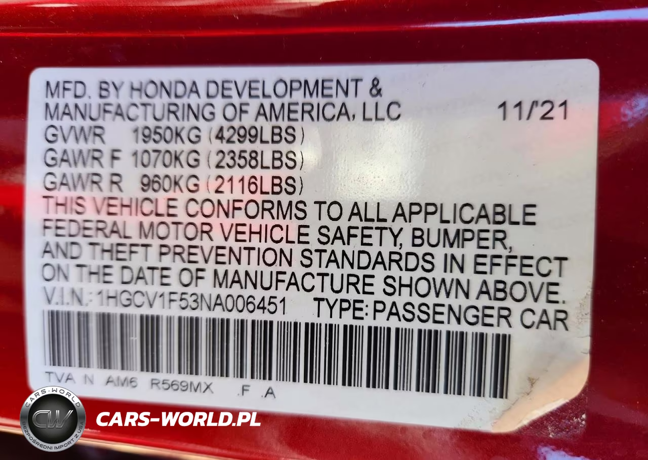 2022 Honda Accord Exl VIN:1HGCV1F53NA006451 - 13