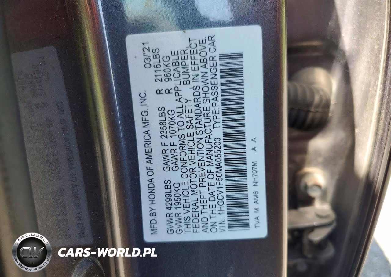 2021 Honda Accord Exl VIN:1HGCV1F50MA055203 - 12