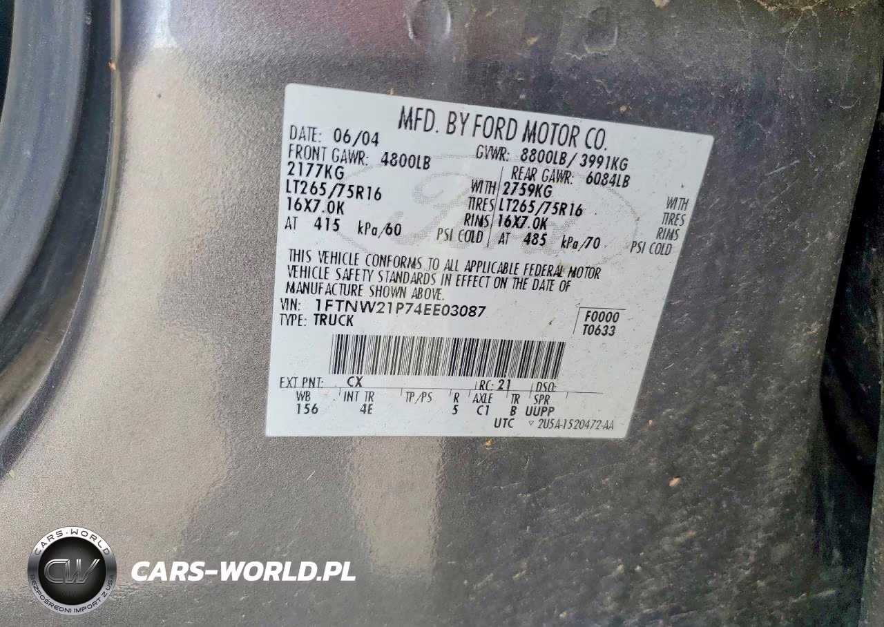 2004 Ford F250 Super Duty VIN:1FTNW21P74EE03087 - 12