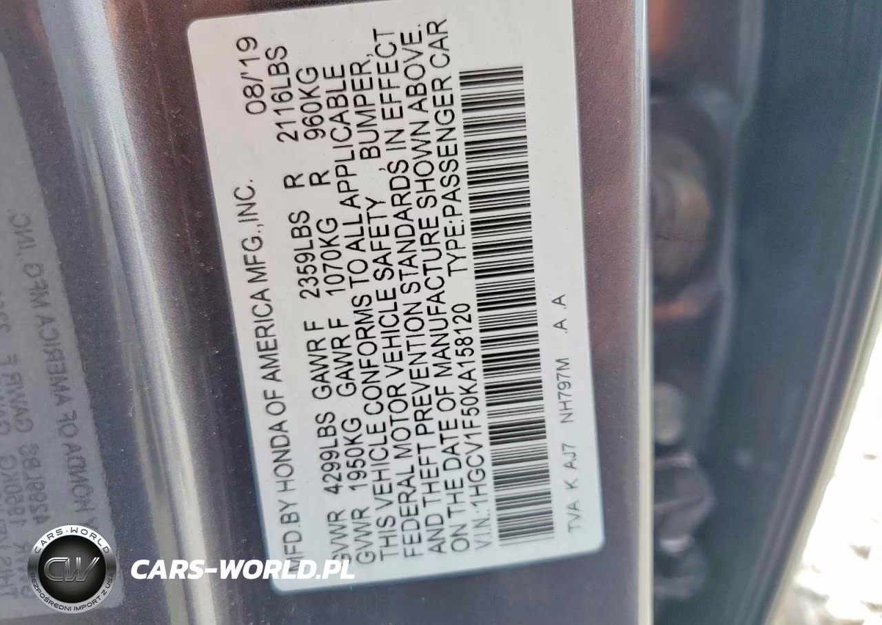2019 Honda Accord Exl VIN:1HGCV1F50KA158120 - 12