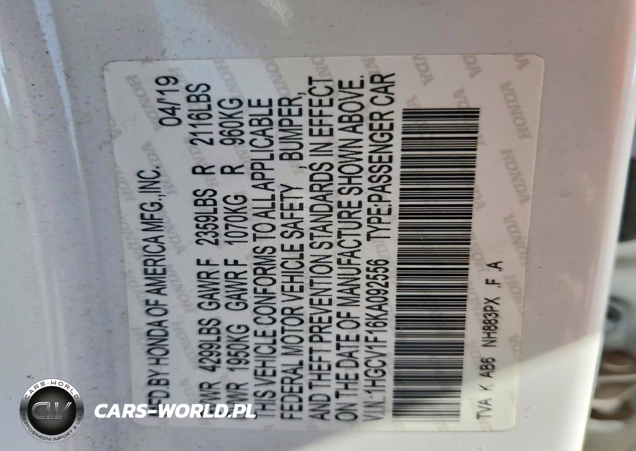 2019 Honda Accord Sport VIN:1HGCV1F16KA092556 - 12