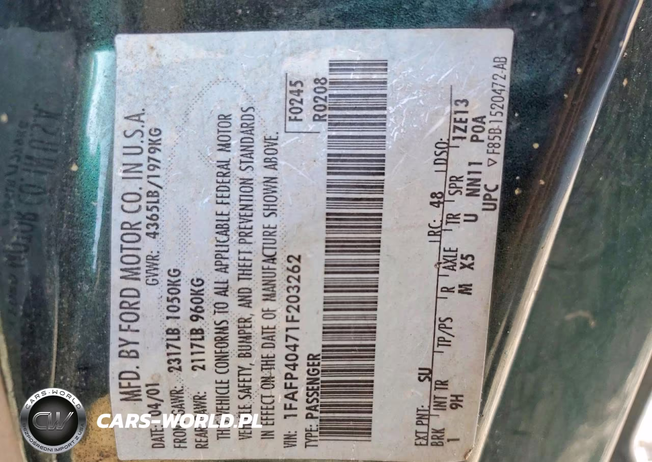 2001 Ford Mustang VIN:1FAFP40471F203262 - 13