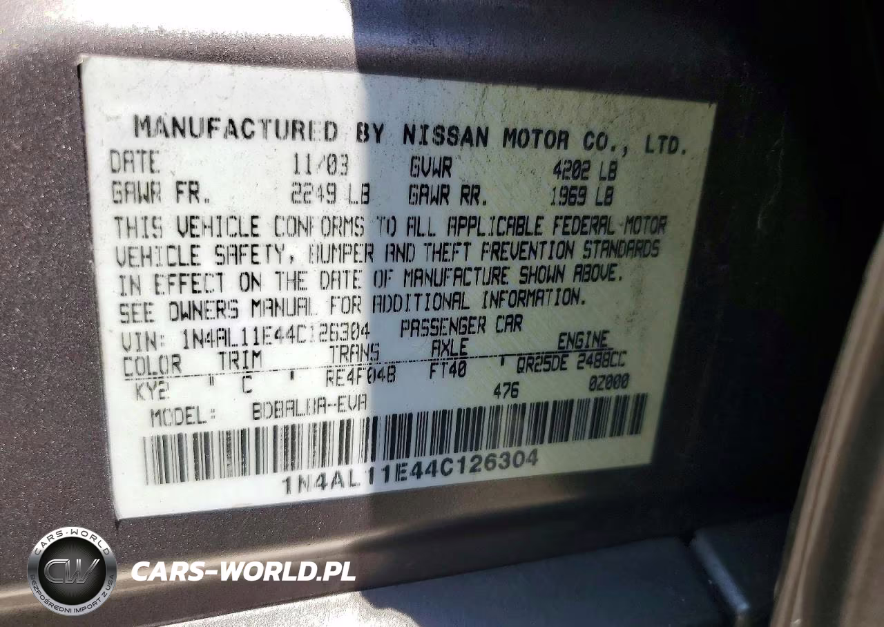 2004 Nissan Altima 2.5 S VIN:1N4AL11E44C126304 - 12