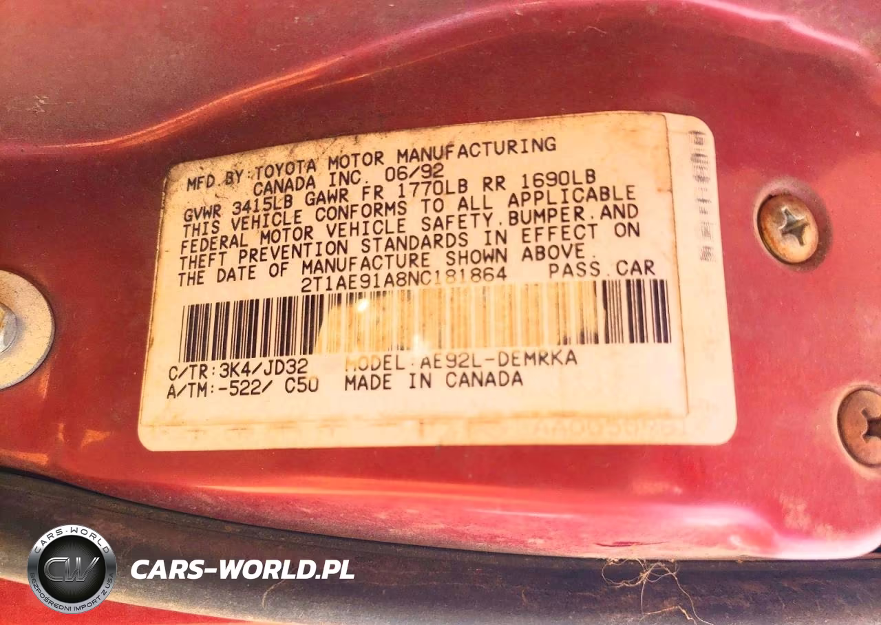 1992 Toyota Corolla Base VIN:2T1AE91A8NC181864 - 12