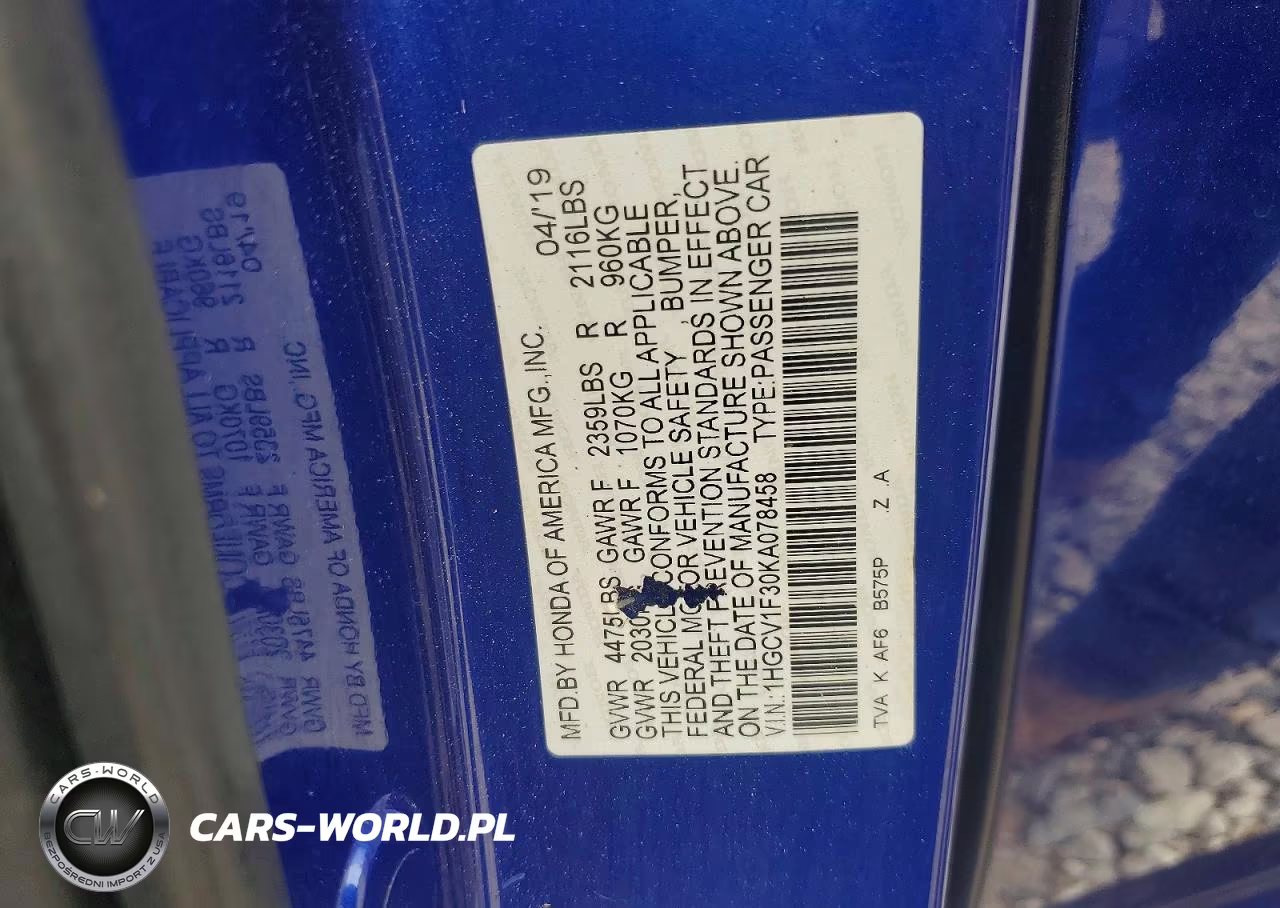2019 Honda Accord Sport VIN:1HGCV1F30KA078458 - 13