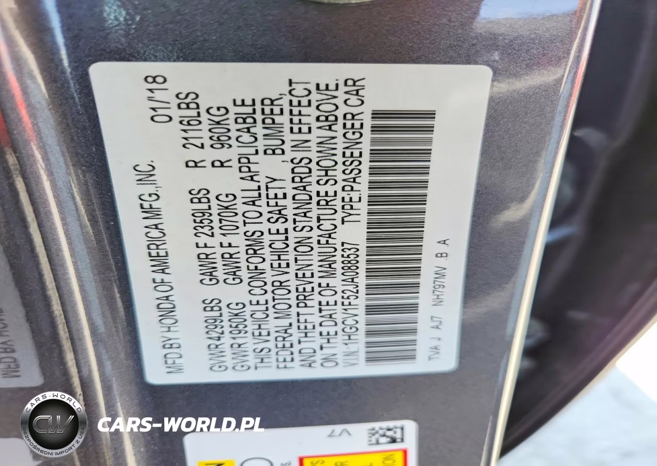 2018 Honda Accord Exl VIN:1HGCV1F52JA088537 - 12