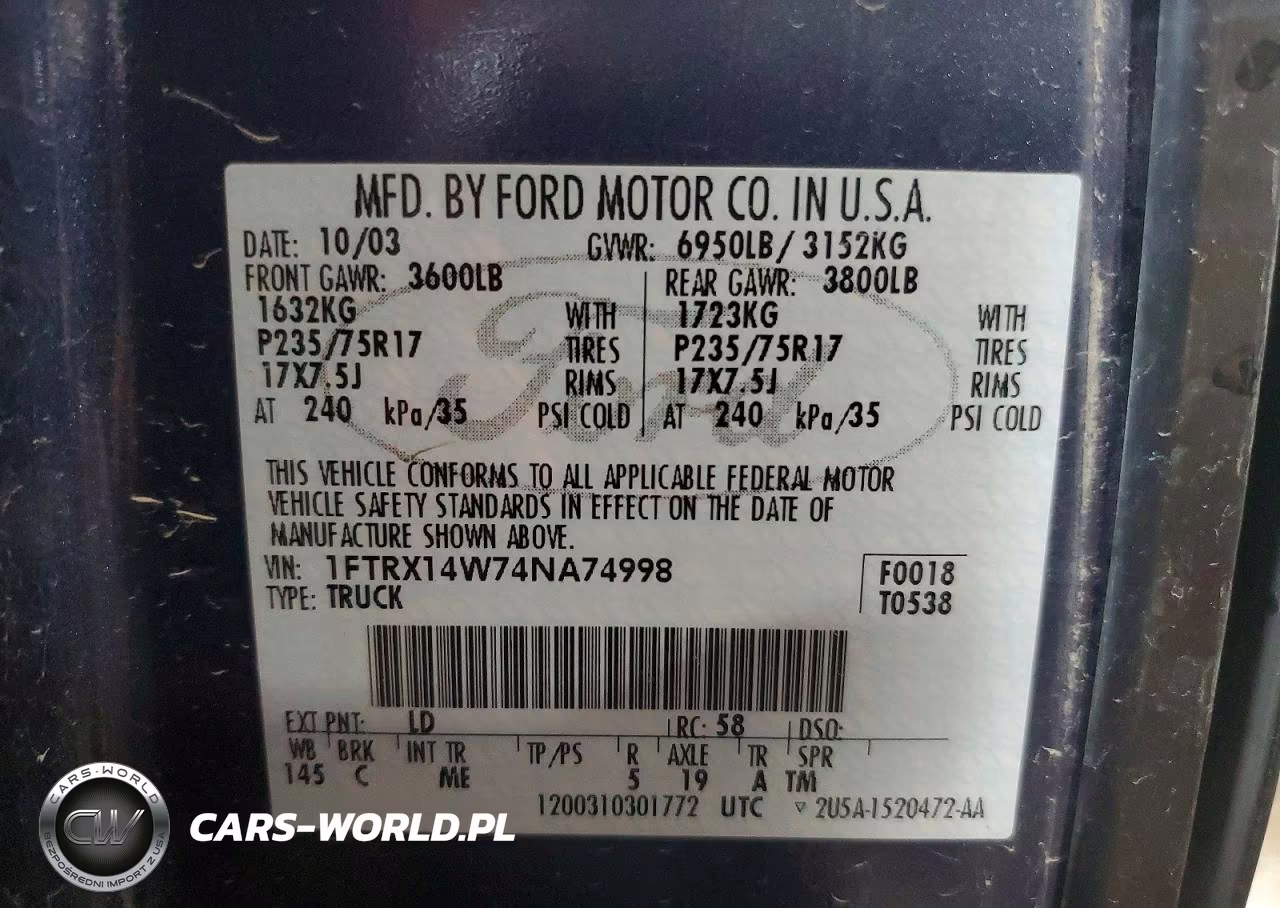 2004 Ford F150 VIN:1FTRX14W74NA74998 - 12