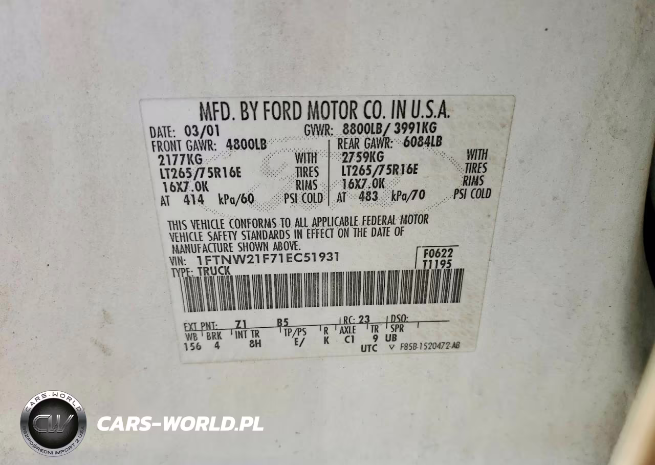 2001 Ford F250 Super Duty VIN:1FTNW21F71EC51931 - 12