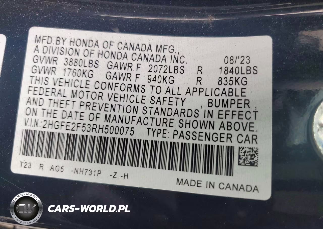 2024 Honda Civic Sport VIN:2HGFE2F53RH500075 - 12