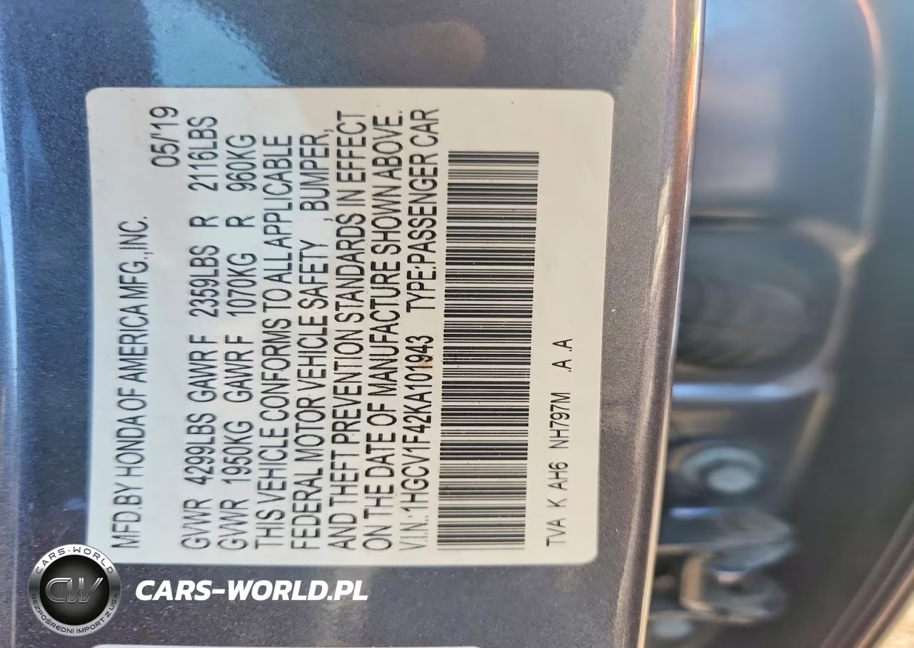 2019 Honda Accord Ex VIN:1HGCV1F42KA101943 - 12