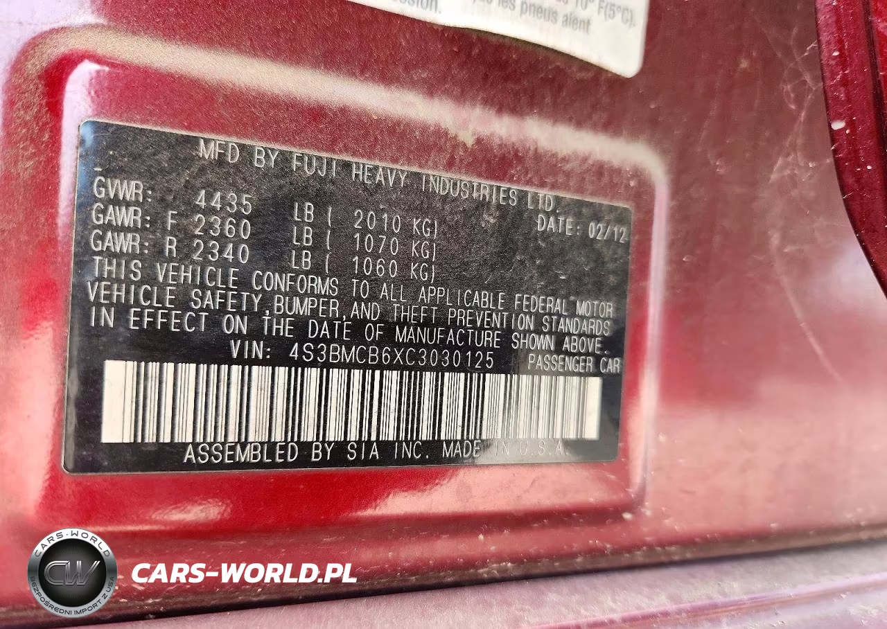 2012 Subaru Legacy 2.5I Premium VIN:4S3BMCB6XC3030125 - 12