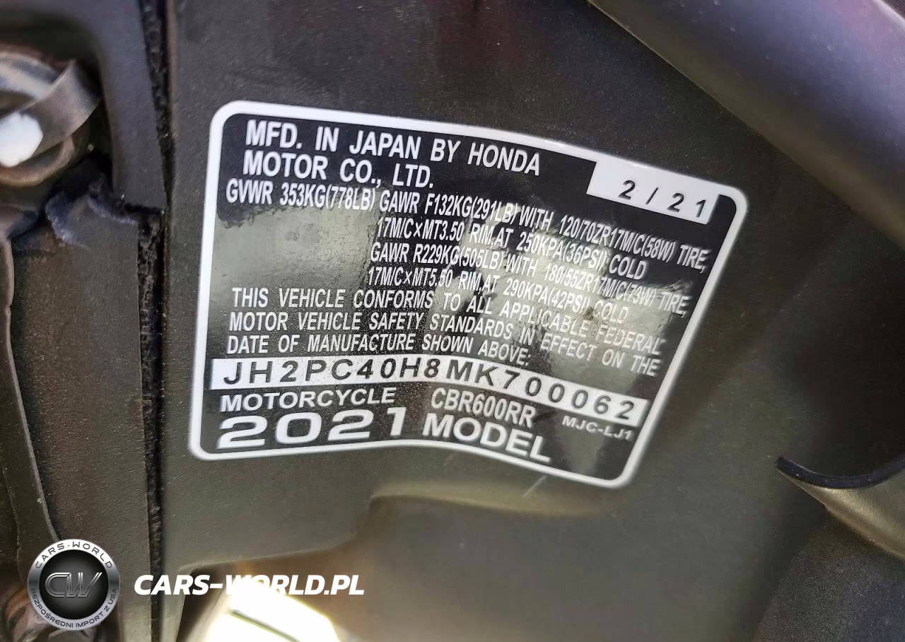 2021 Honda Cbr600 Rr VIN:JH2PC40H8MK700062 - 9