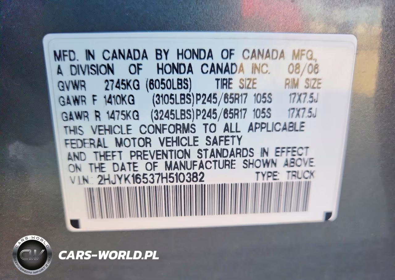 2007 Honda Ridgeline Rtl VIN:2HJYK16537H510382 - 12