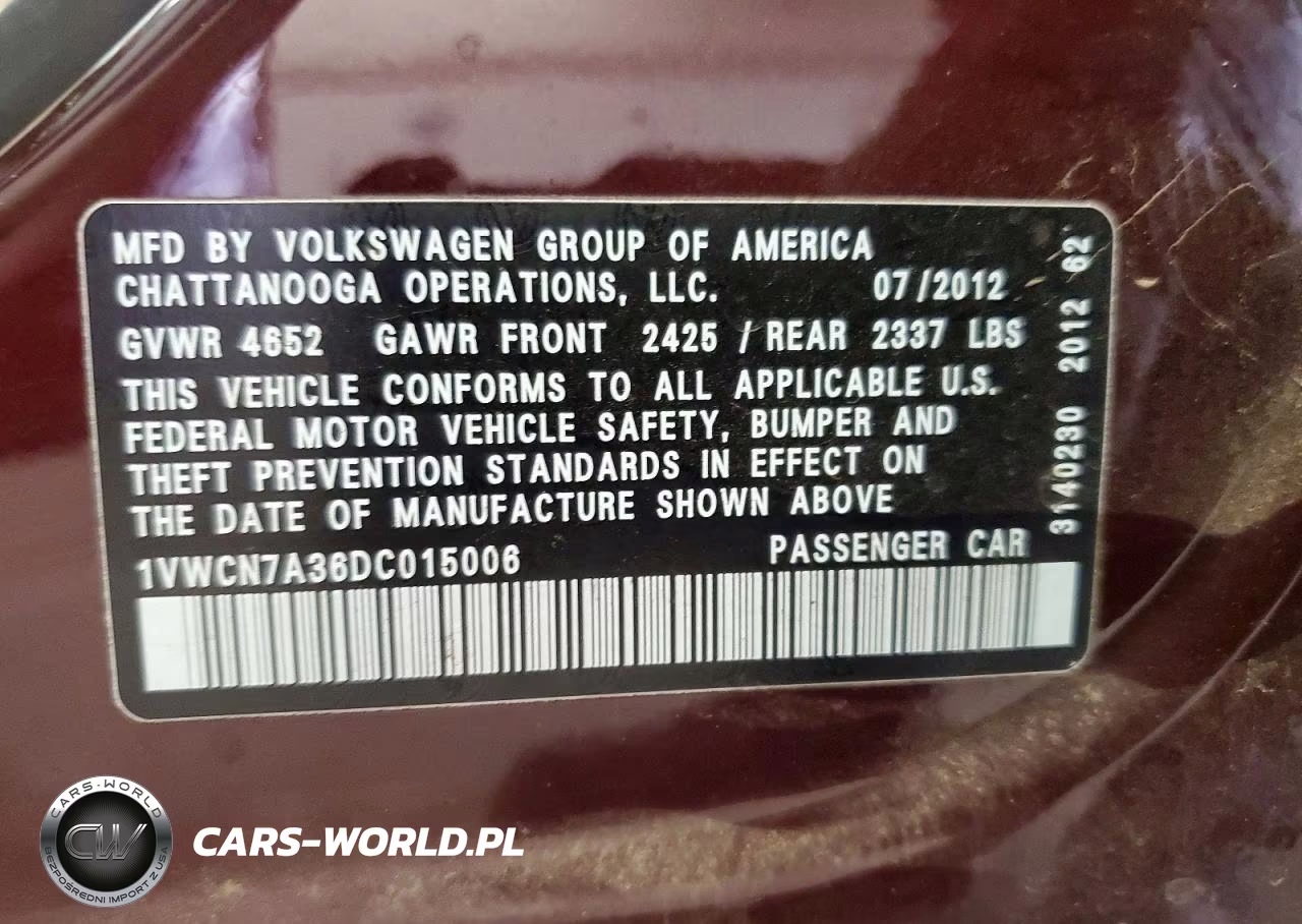 2013 Volkswagen Passat Sel VIN:1VWCN7A36DC015006 - 12