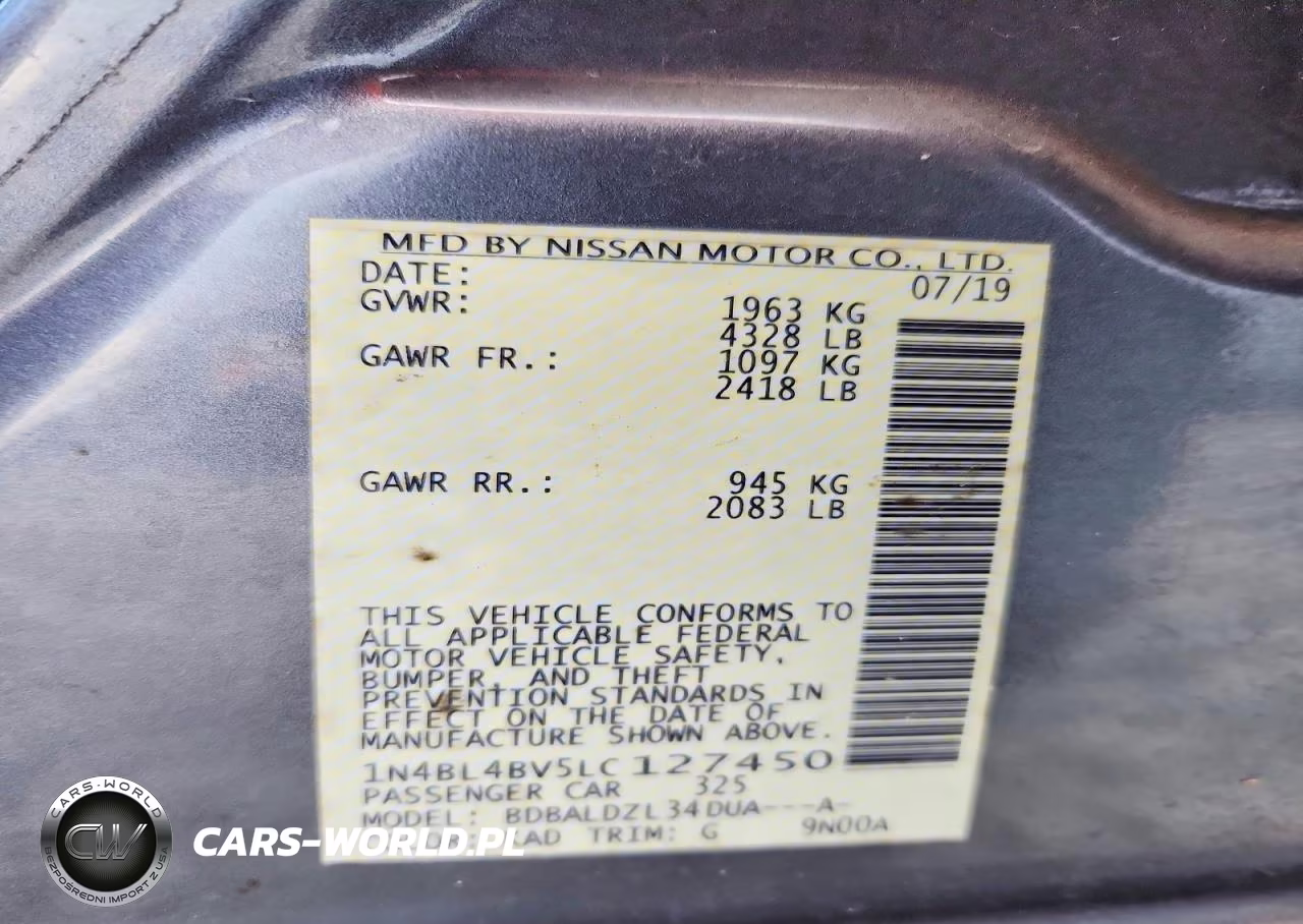2020 Nissan Altima S VIN:1N4BL4BV5LC127450 - 12