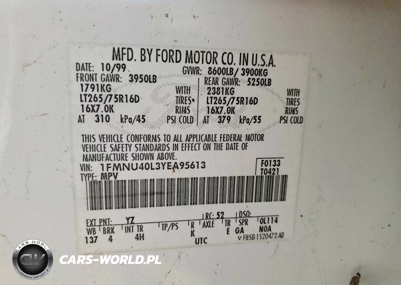 2000 Ford Excursion Xlt VIN:1FMNU40L3YEA95613 - 13