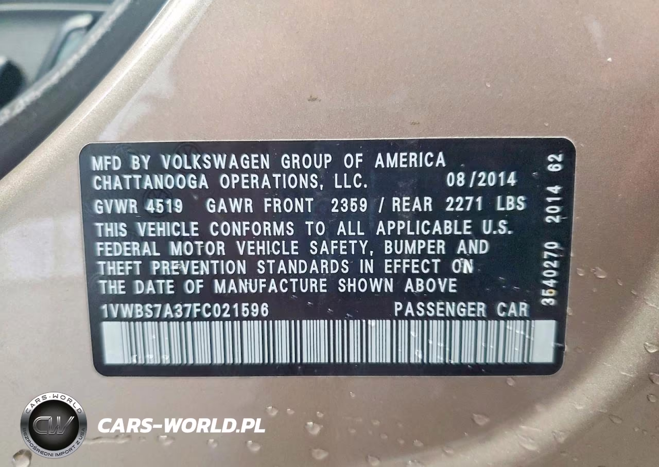 2015 Volkswagen Passat Se VIN:1VWBS7A37FC021596 - 12