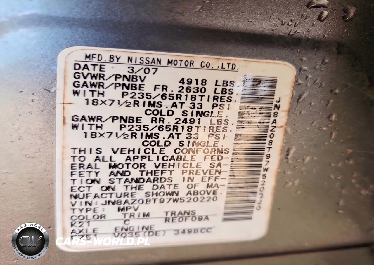 2007 Nissan Murano S VIN:JN8AZ08T97W520220 - 14