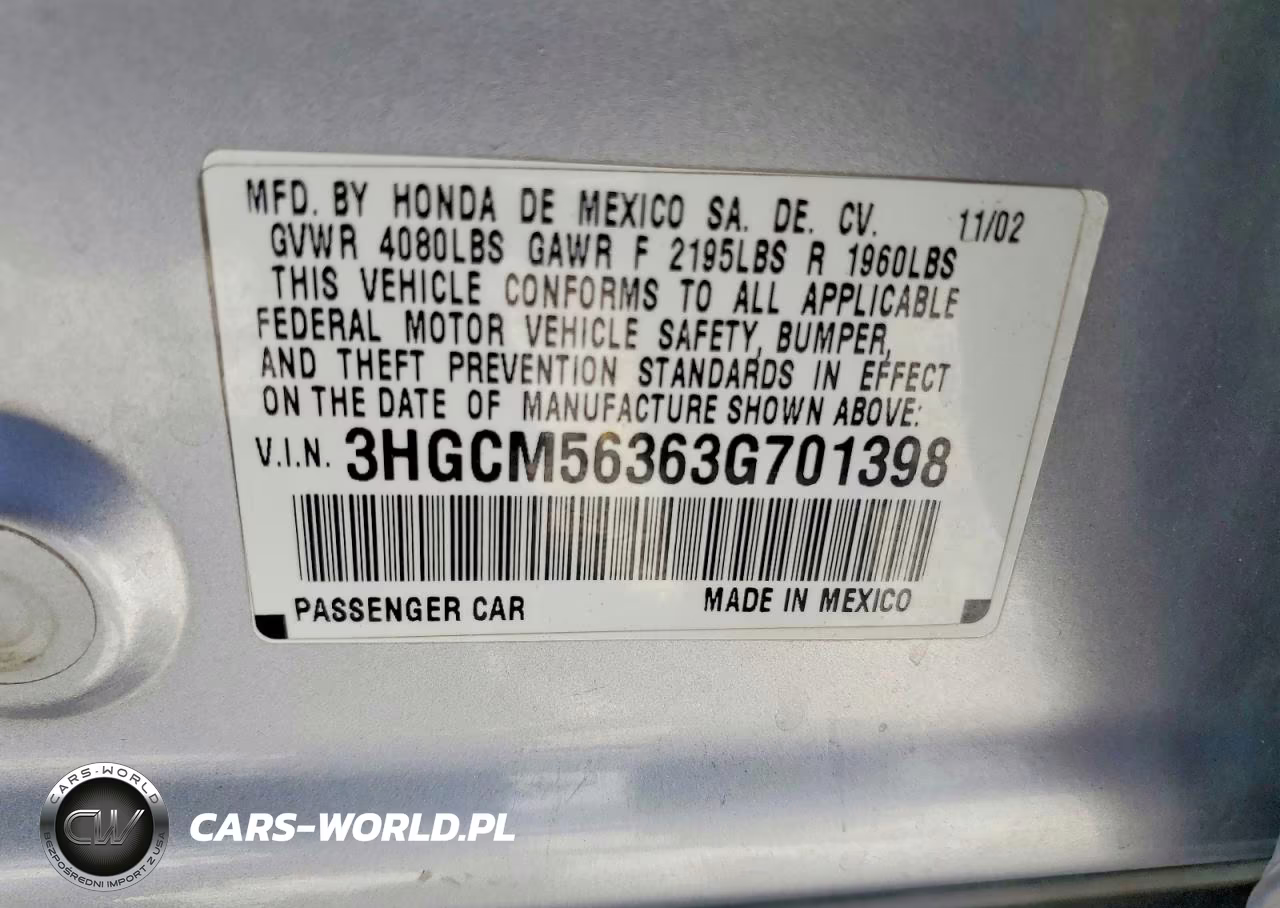 2003 Honda Accord Lx VIN:3HGCM56363G701398 - 12