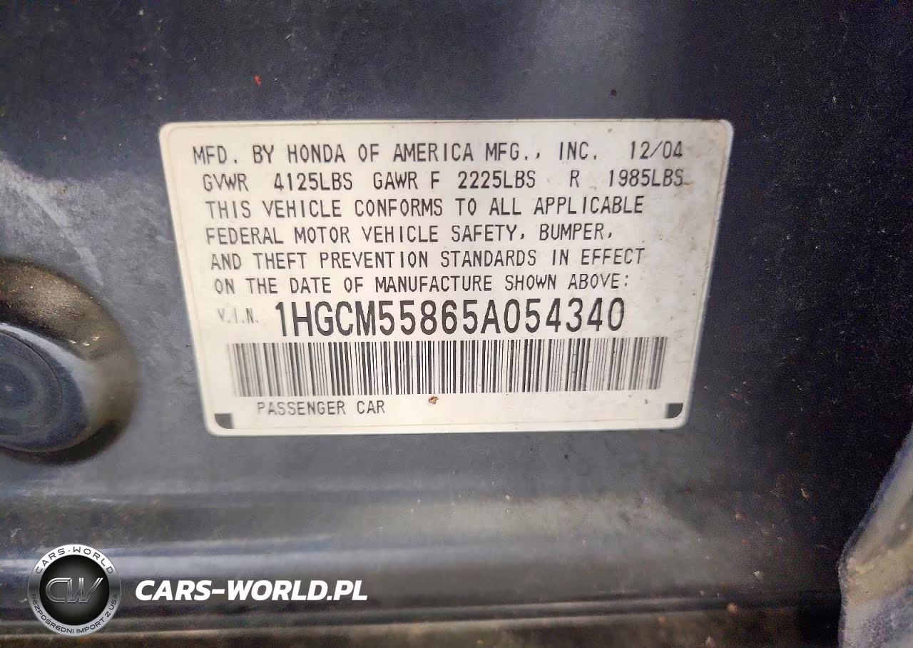 2005 Honda Accord Ex VIN:1HGCM55865A054340 - 12